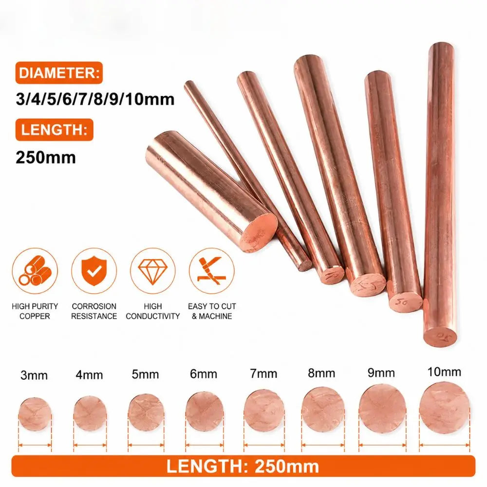 T2 Solid Copper Round Bar Rod 3–10mm x 250mm | Pure Copper
