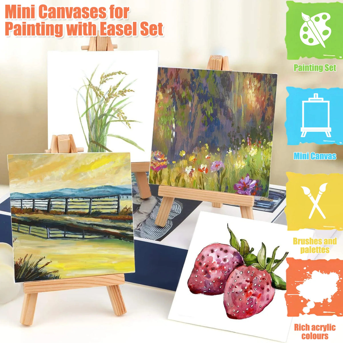 34Pcs Mini Canvas & Easel Set with Acrylic Paints & Brushes Mini Canvas Painting Kit Nixie