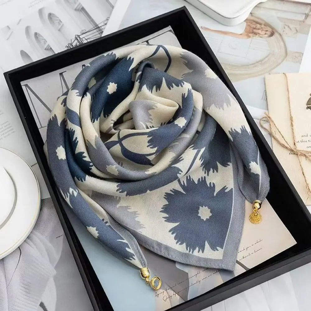 Magnetic Buckle Floral Square Silk Scarf with Tassel | Nixie Fashion Scarf Nixie