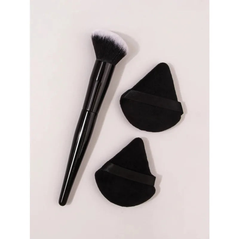 Black Angled Blush Brush & Makeup Puff Set – 3-Piece Kit Makeup Brush Set Nixie