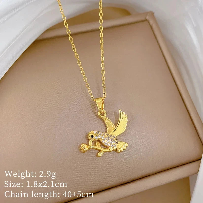 Women's Rose Crane Pendant Necklace – Gold Stainless Steel Pendant Necklace Nixie XL2606-919