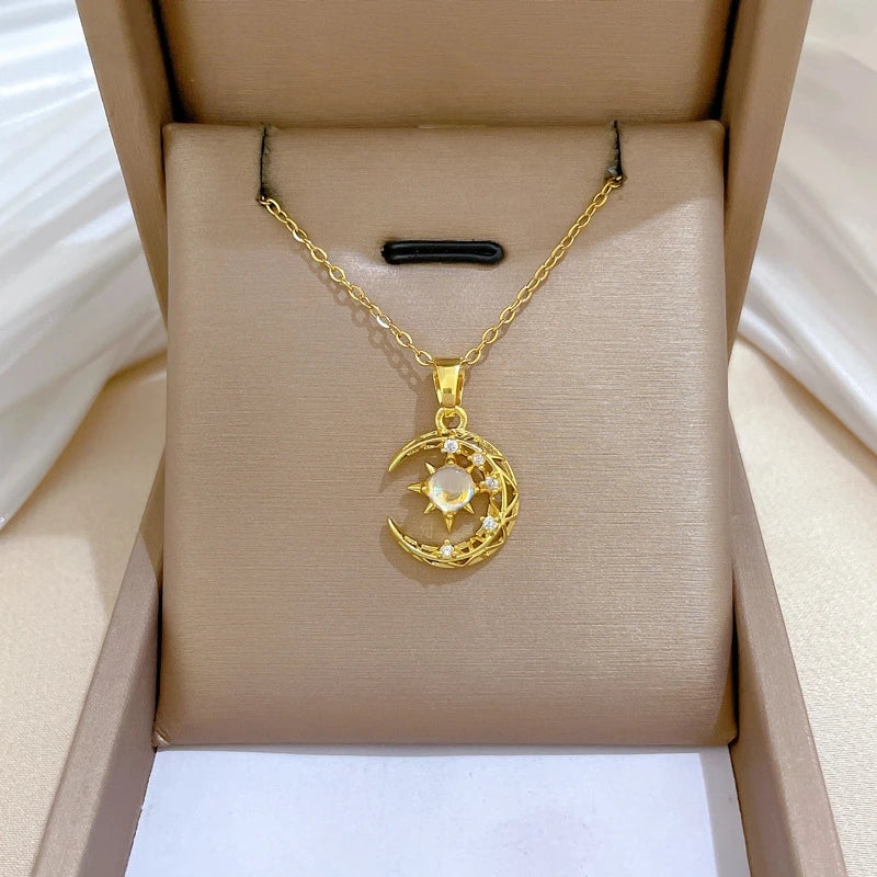 Hollow Moon Starburst Gold Pendant Choker Necklace | Nixie Pendant Necklace Nixie