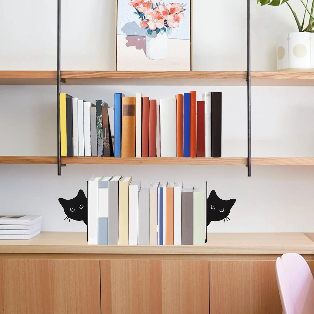 2Pcs Peeping Cat Metal Bookends – Desk & Shelf Book Stand Decorative Bookends Nixie