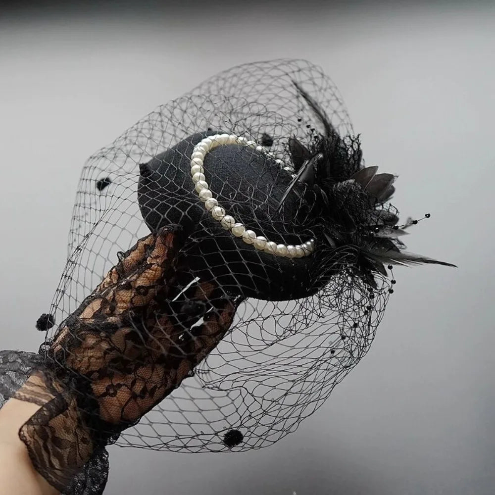 Bridal Pillbox Hat Vintage Mesh Veil Pearl Flower Women Bridal Pillbox Hat Nixie