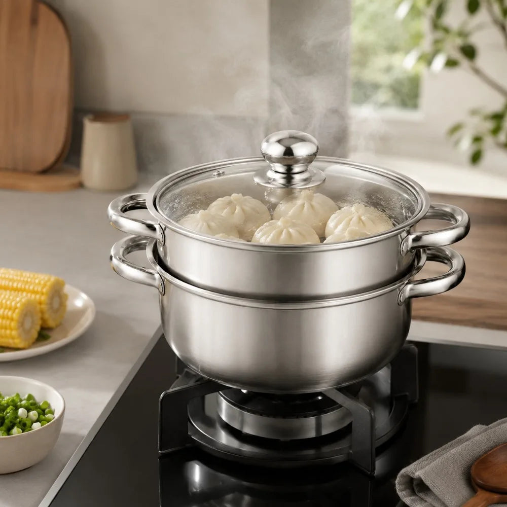 3-Piece Stainless Steel Steamer Pot Set with Glass Lids & Induction