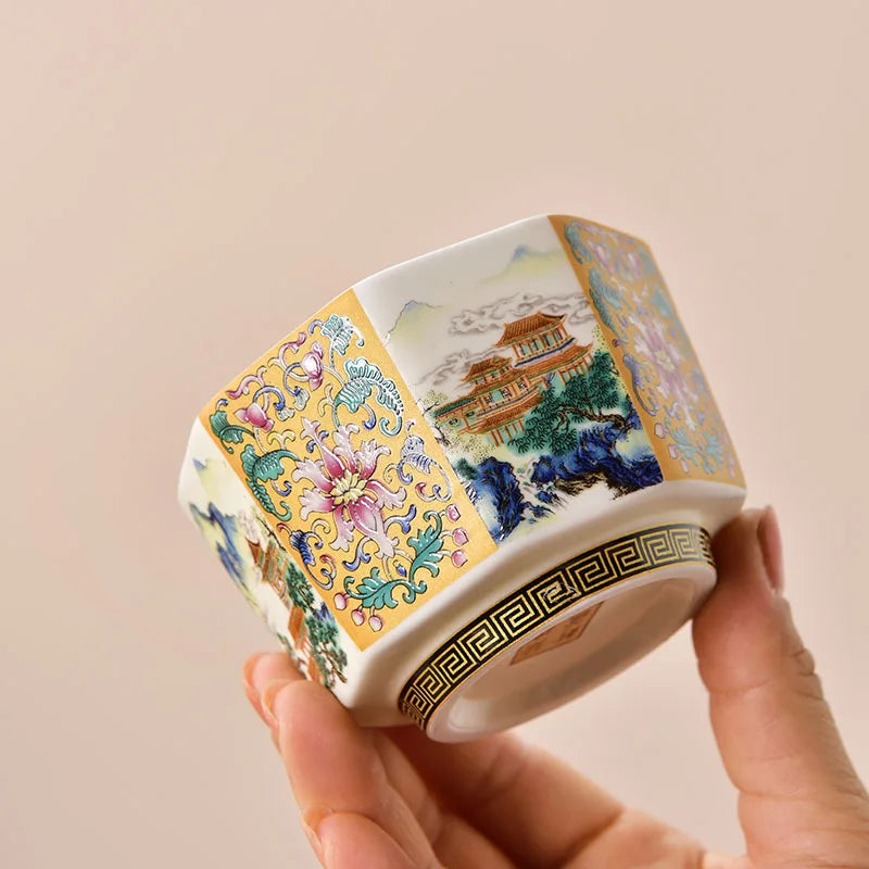 Octagonal Enamel Kung Fu Tea Cup | Retro Ceramic Master Cup Ceramic Tea Cup Nixie