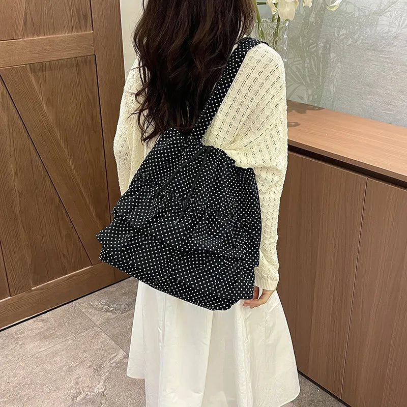Korean Polka Dot Ruffled Tote Bag | Large Canvas Shoulder Bag