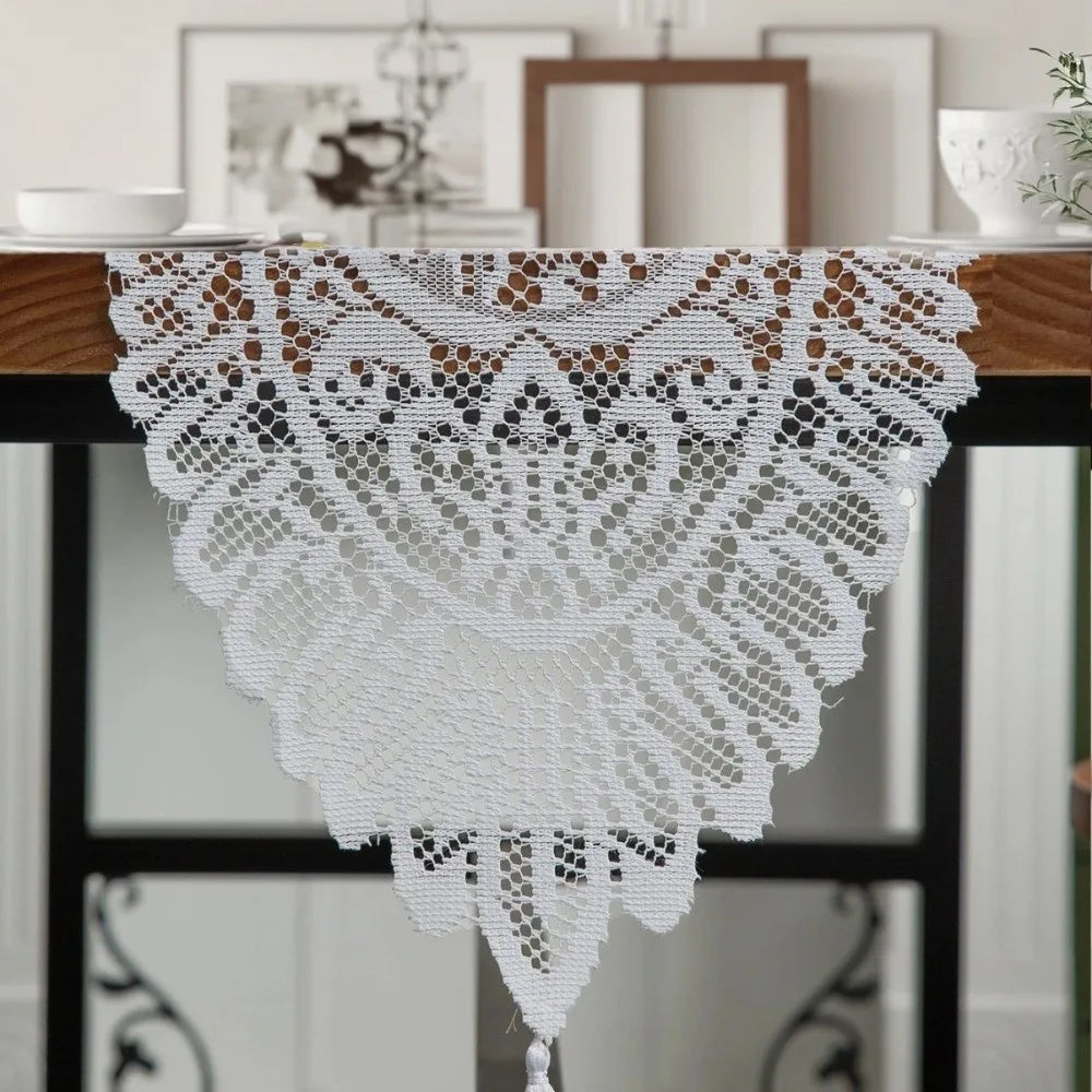 Retro Lace Table Runner with Tassels – Wedding & Dining Décor Lace Table Runner Nixie White-33-122cm