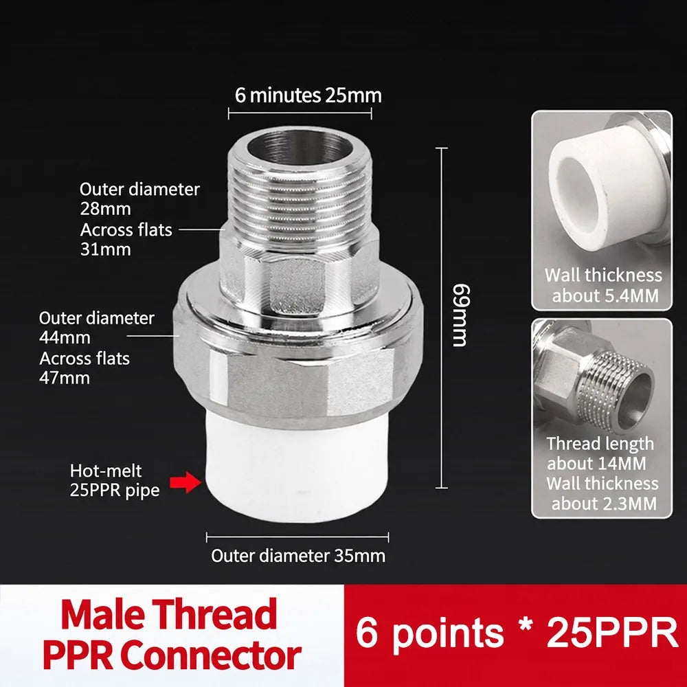 PPR Pipe Connector Stainless Steel Thread Fitting 1/2" 3/4" 1" PPR Pipe Fitting Nixie M PPR25-3-4-