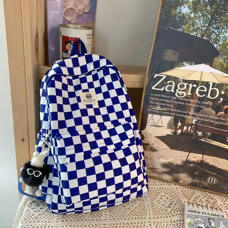 Korean Plaid Checkered Backpack – Stylish Teen School Bag Fashion Backpack Nixie Blue (without charm)