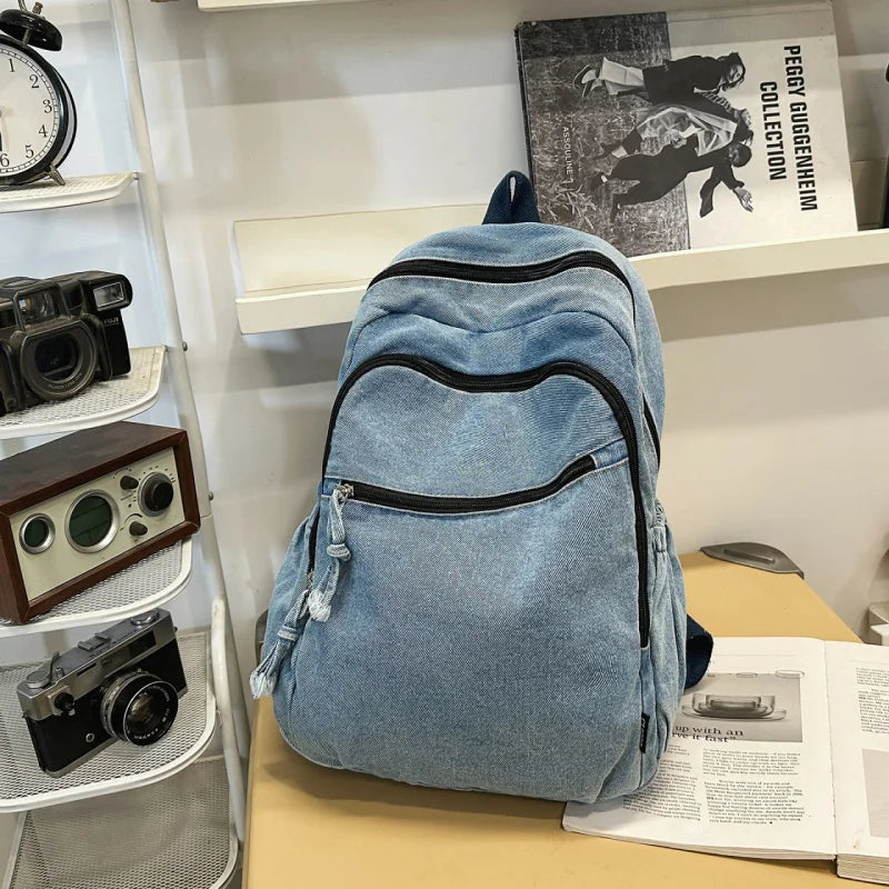 Vintage Denim Backpack – Korean Style Women's Casual Bag