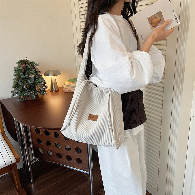 Korean Minimalist Plush Drawstring Tote Bag – Large Capacity Plush Shoulder Tote Bag Nixie