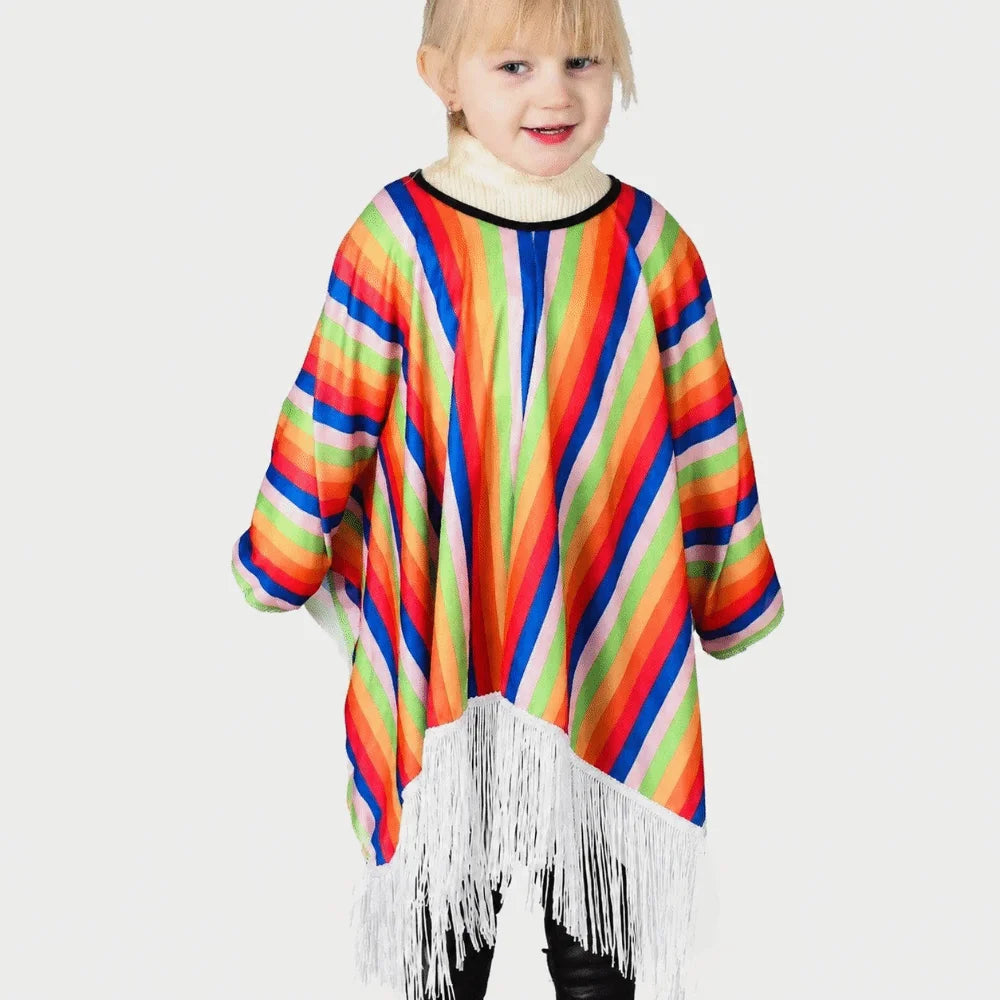 Kids Mexican Poncho Striped Ethnic Costume Cape w/ Tassels Kids Costume Cape Nixie