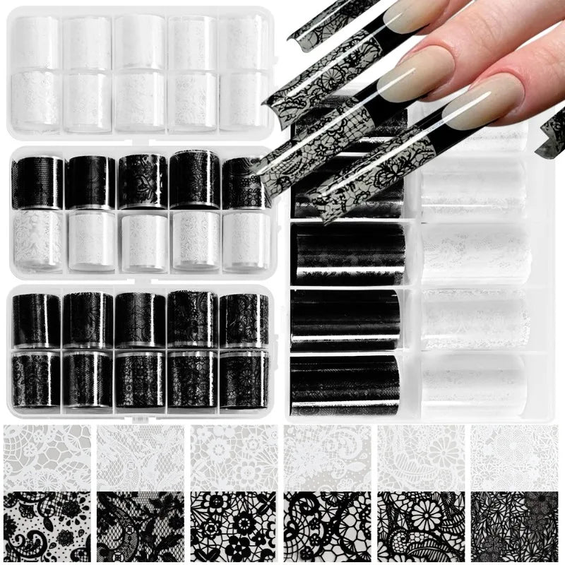 10 Rolls Lace Nail Transfer Stickers – French Manicure Decals Nail Art Stickers Nixie