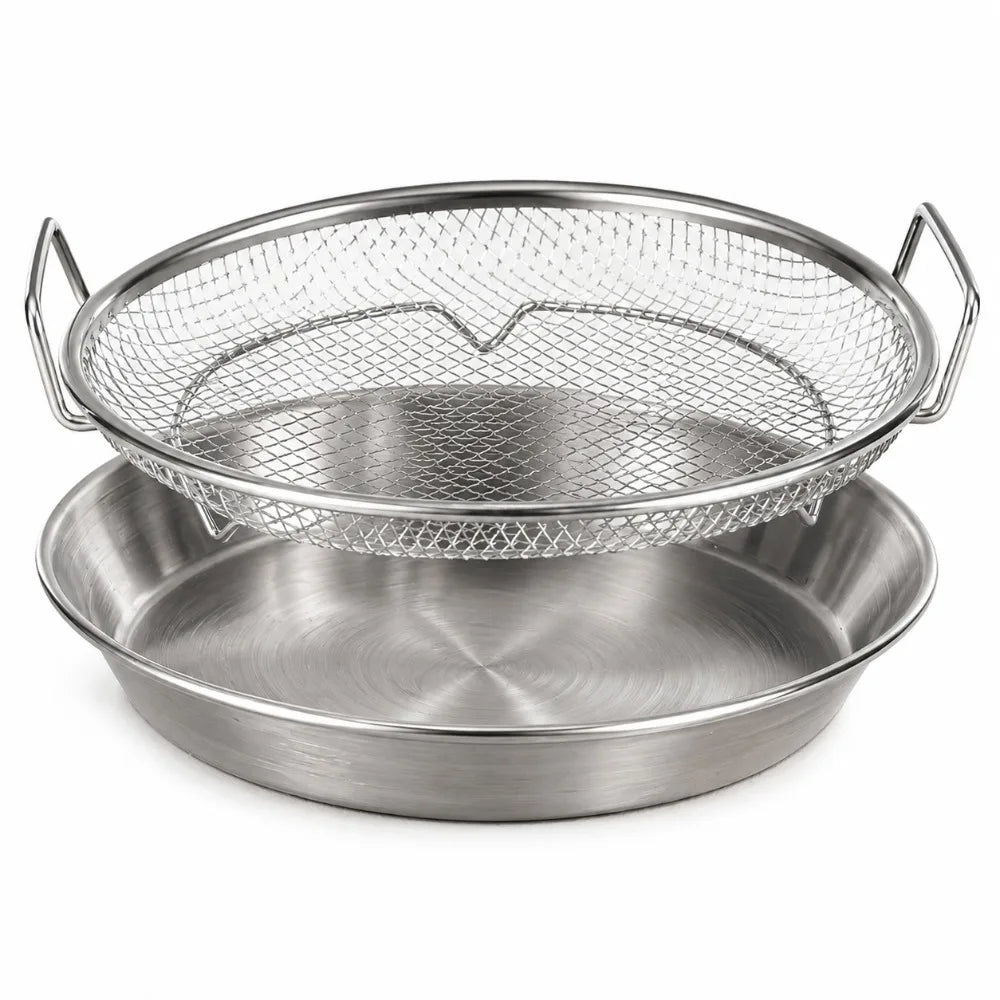 2-Pc Stainless Steel Frying Draining Basket & Tray Set Draining Basket Set Nixie 24CM SET