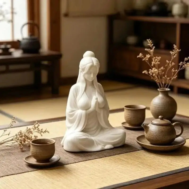 Mini Meditation Lady Figurine – Zen Matte White Desktop Statue Desktop Figurine Statue Nixie