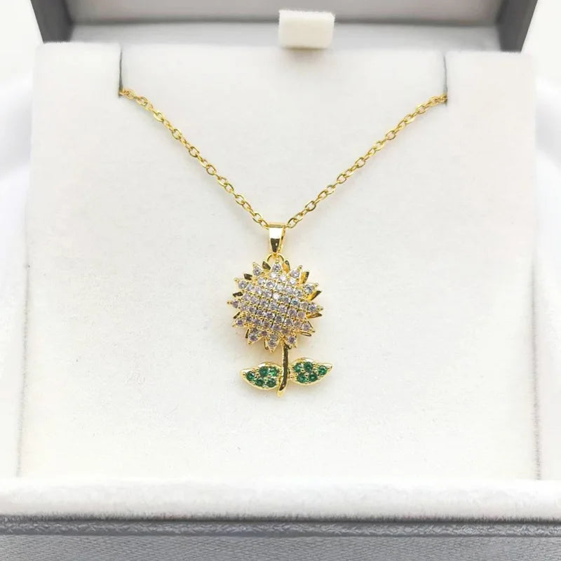 Rotatable Sunflower Zircon Pendant Necklace – Gold Copper Pendant Necklace Nixie XL1992-26