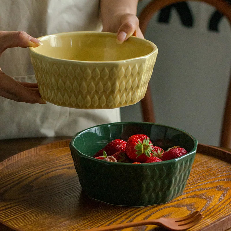 French Medieval Ceramic Salad Bowl – Yellow Leaf Relief 6.1" Ceramic Serving Bowl Nixie