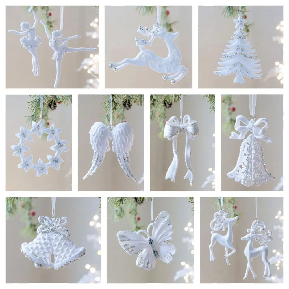 White Christmas Ornaments – Flocking Deer, Wreath & Snowflake Christmas Tree Ornament Nixie