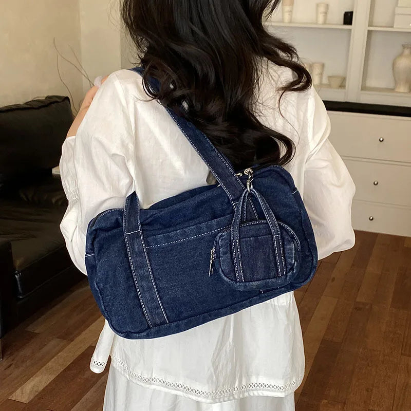 Women's Large Capacity Denim Shoulder Tote Bag | Casual Commuter Denim Shoulder Tote Nixie dark blue