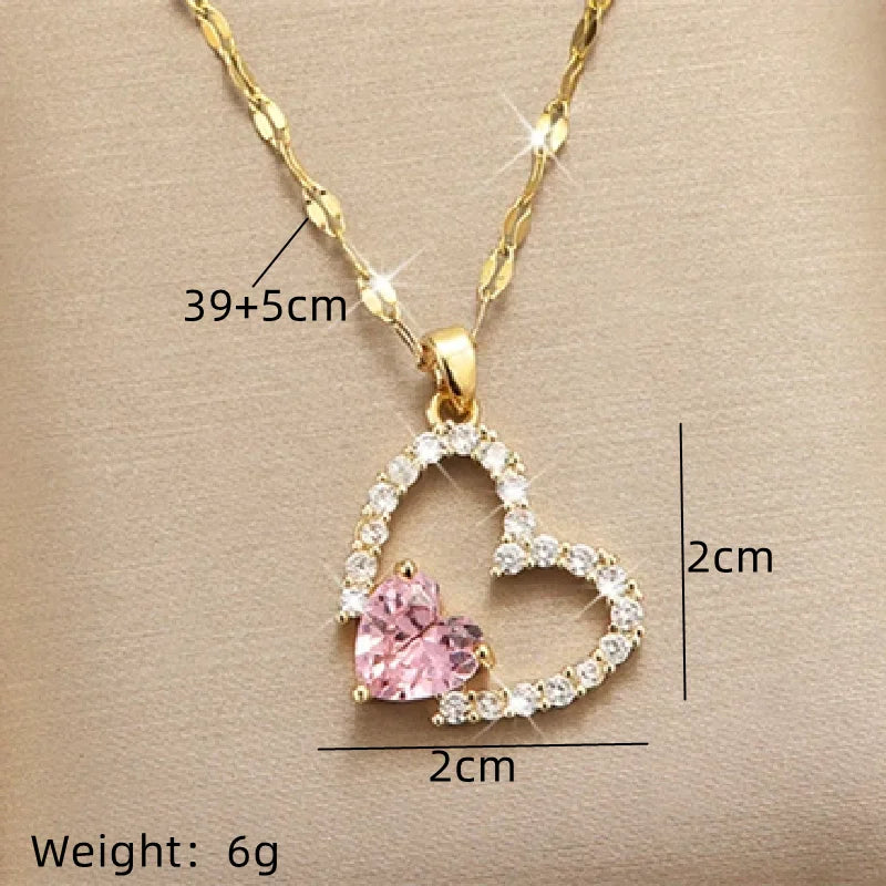 Pink Zircon Heart Necklace – Women's Minimalist Clavicle Chain Pendant Necklace Nixie
