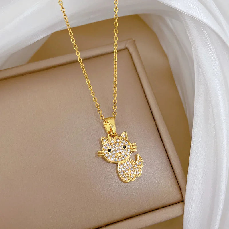 Cat Pendant Necklace Women – Gold Stainless Steel & Zircon Pendant Necklace Nixie