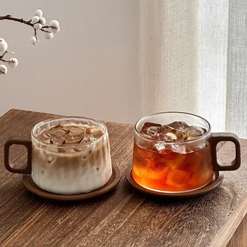 Vintage Glass Coffee Cup & Saucer Set 240ml | Wooden Handle