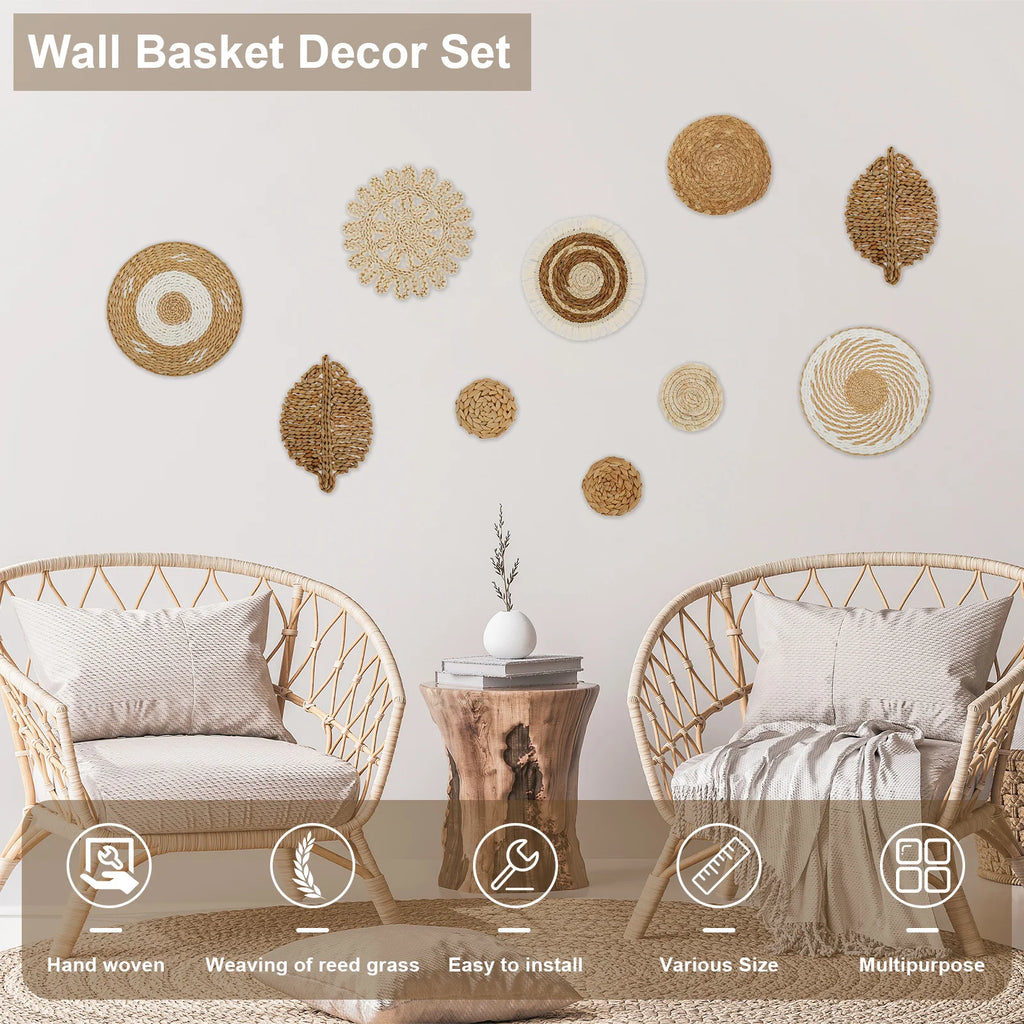 10-Piece Handcrafted Rattan Wall Basket Decor Set | Rustic Boho Woven Wall Basket Set Nixie