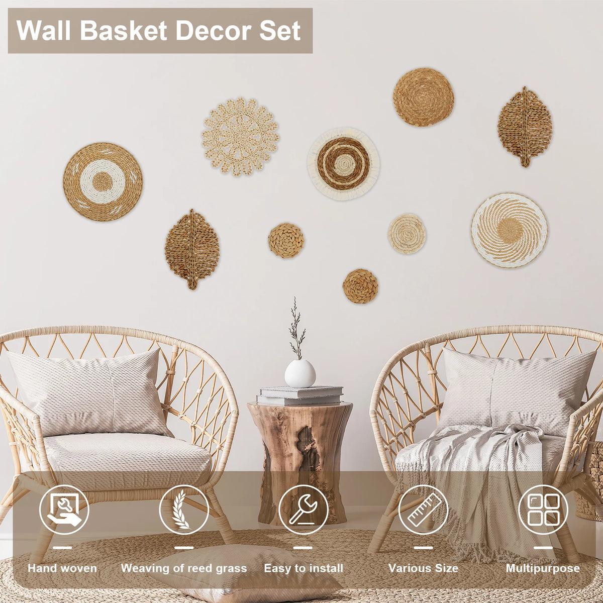 10-Piece Handcrafted Rattan Wall Basket Decor Set | Rustic Boho Woven Wall Basket Set Nixie