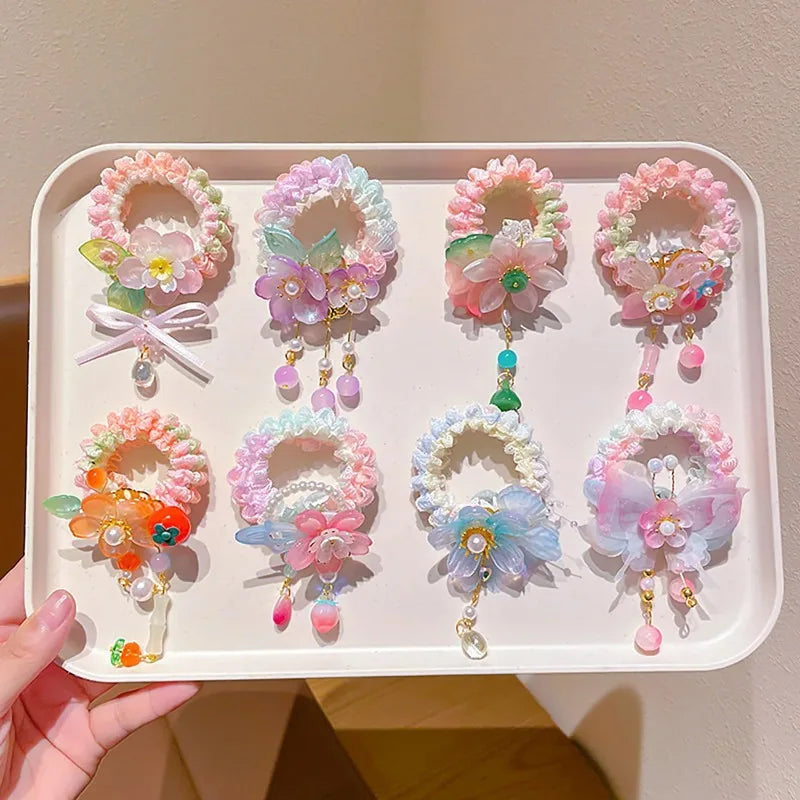Girls Hanfu Floral Hair Tie with Pearls & Beads | Elastic Bun Rope