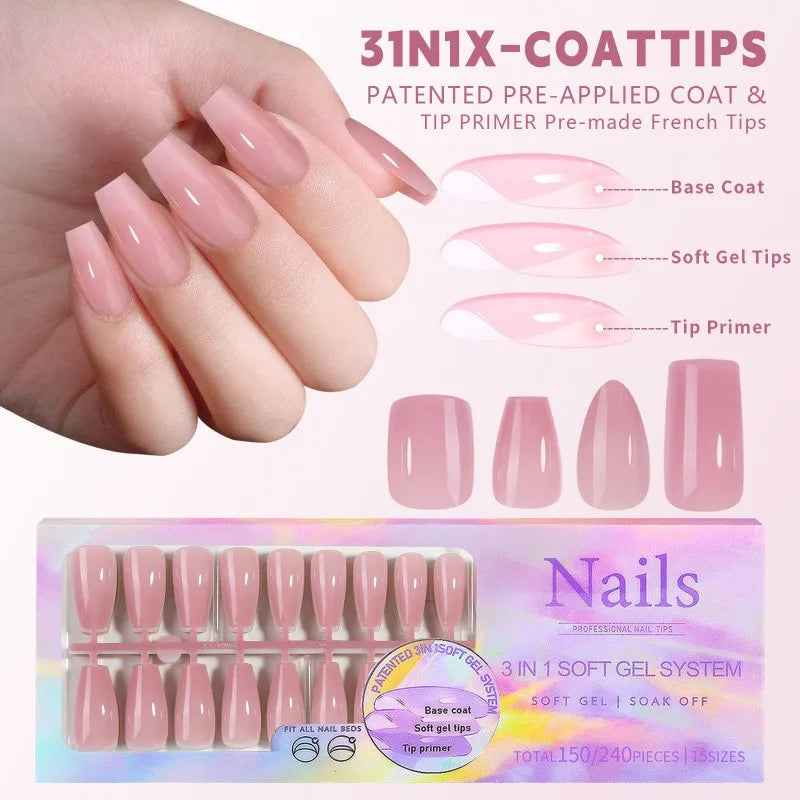 150pcs Press-On Toenails French Square Pink Fake Toe Nails Set Press-On Toenails Nixie