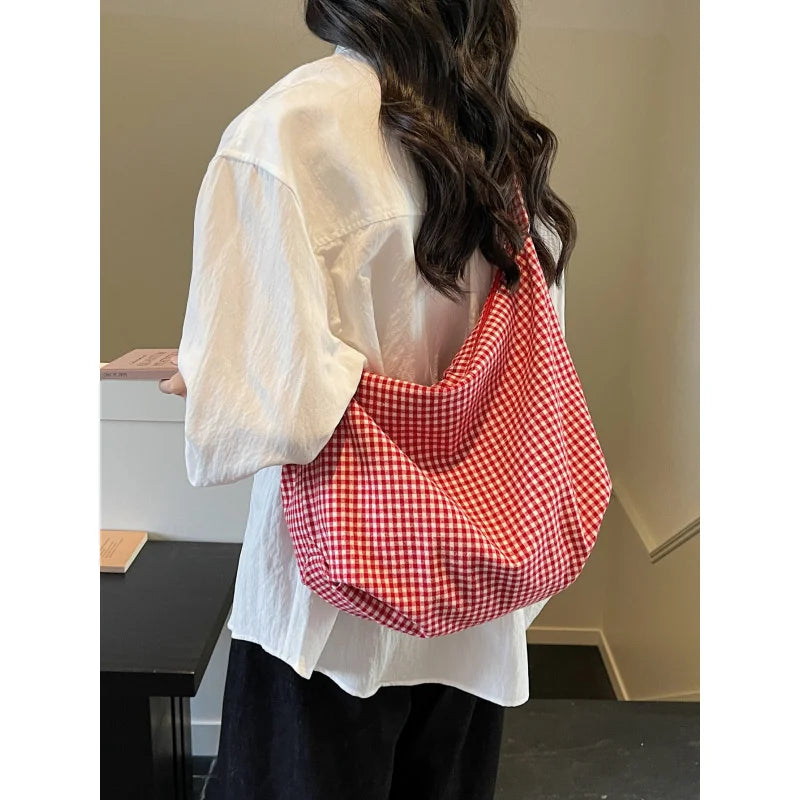 Korean Retro Plaid Canvas Tote Bag – Large Shoulder & Crossbody Canvas Tote Bag Nixie