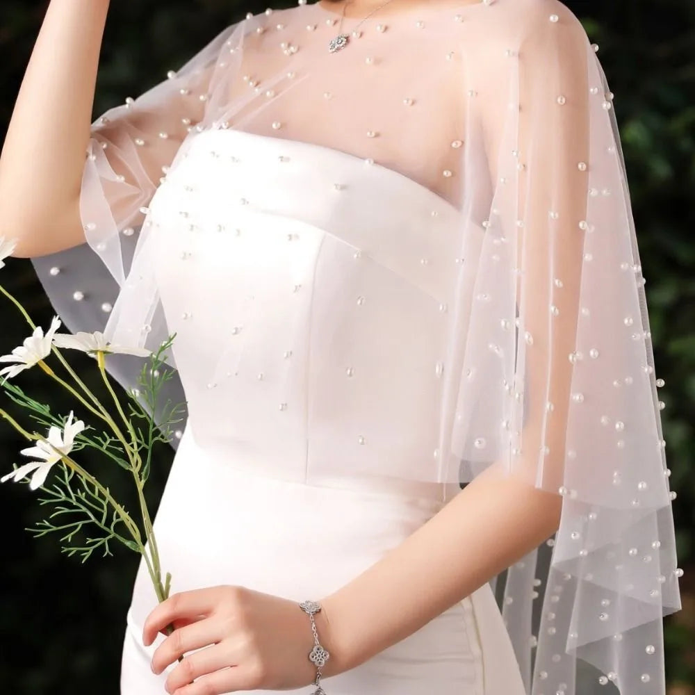 Lace Bridal Shawl Cape with Pearl Jewel Collar for Women Bridal Shawl Cape Nixie