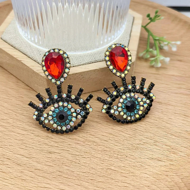 Women's Geometric Drop Earrings – Full Diamond & Colored Glass