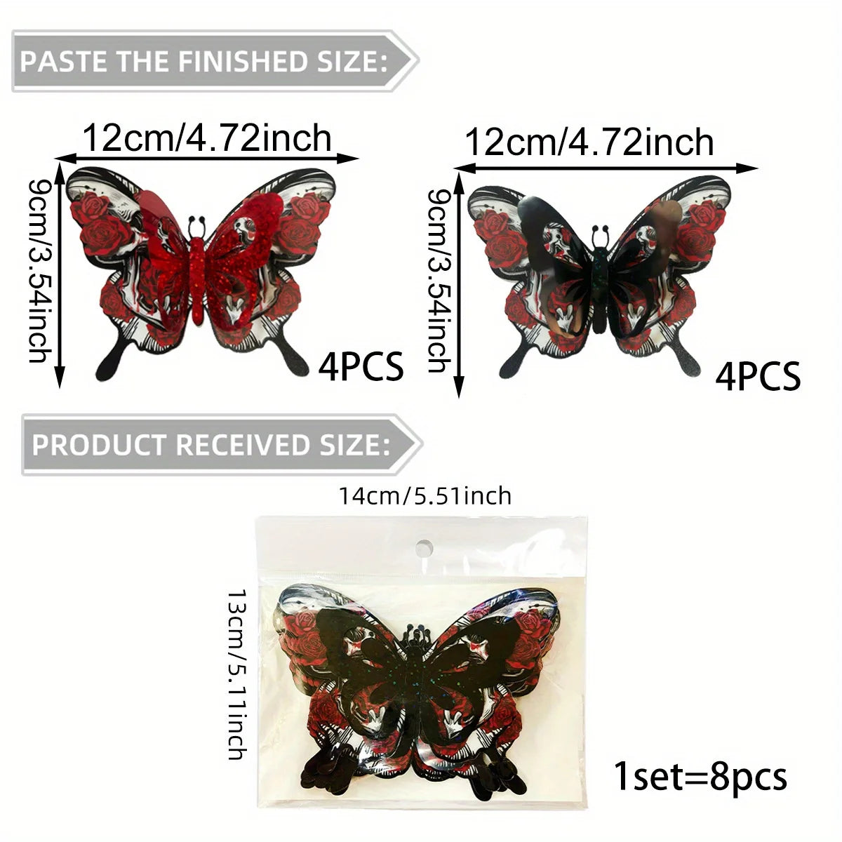 3D Skull Rose Butterfly Halloween Wall Stickers – 12 Pcs Halloween Wall Stickers Nixie Black red 8pcs