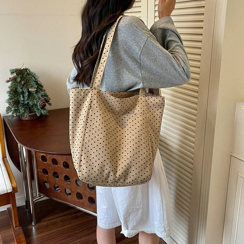 Korean Polka Dot Canvas Tote Bag – Chic Multi-Way Shoulder Bag Canvas Shoulder Tote Nixie