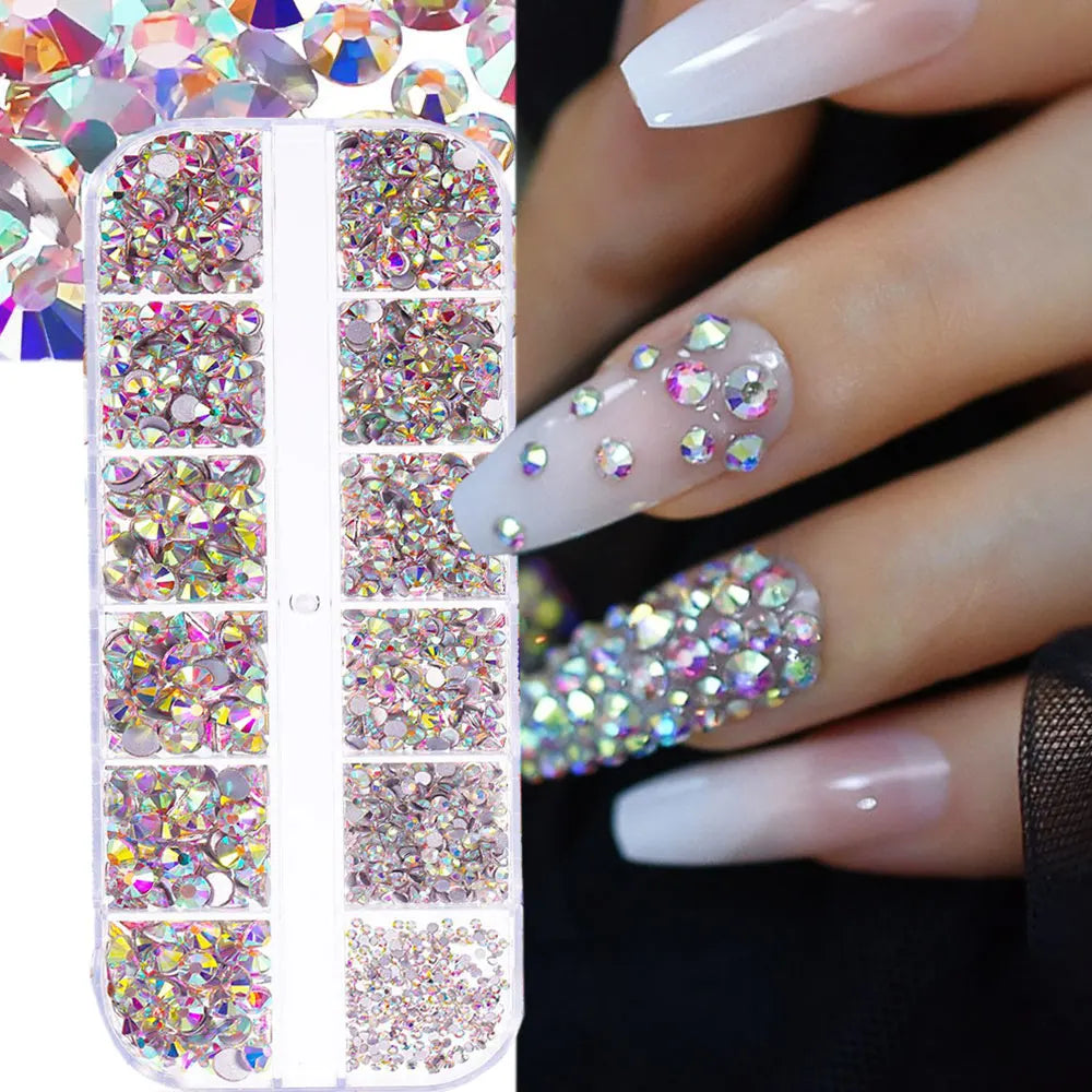 Champagne Crystal Nail Rhinestones 12-Grid SS4-SS16 Flatback Gems Set Nail Art Rhinestones Nixie