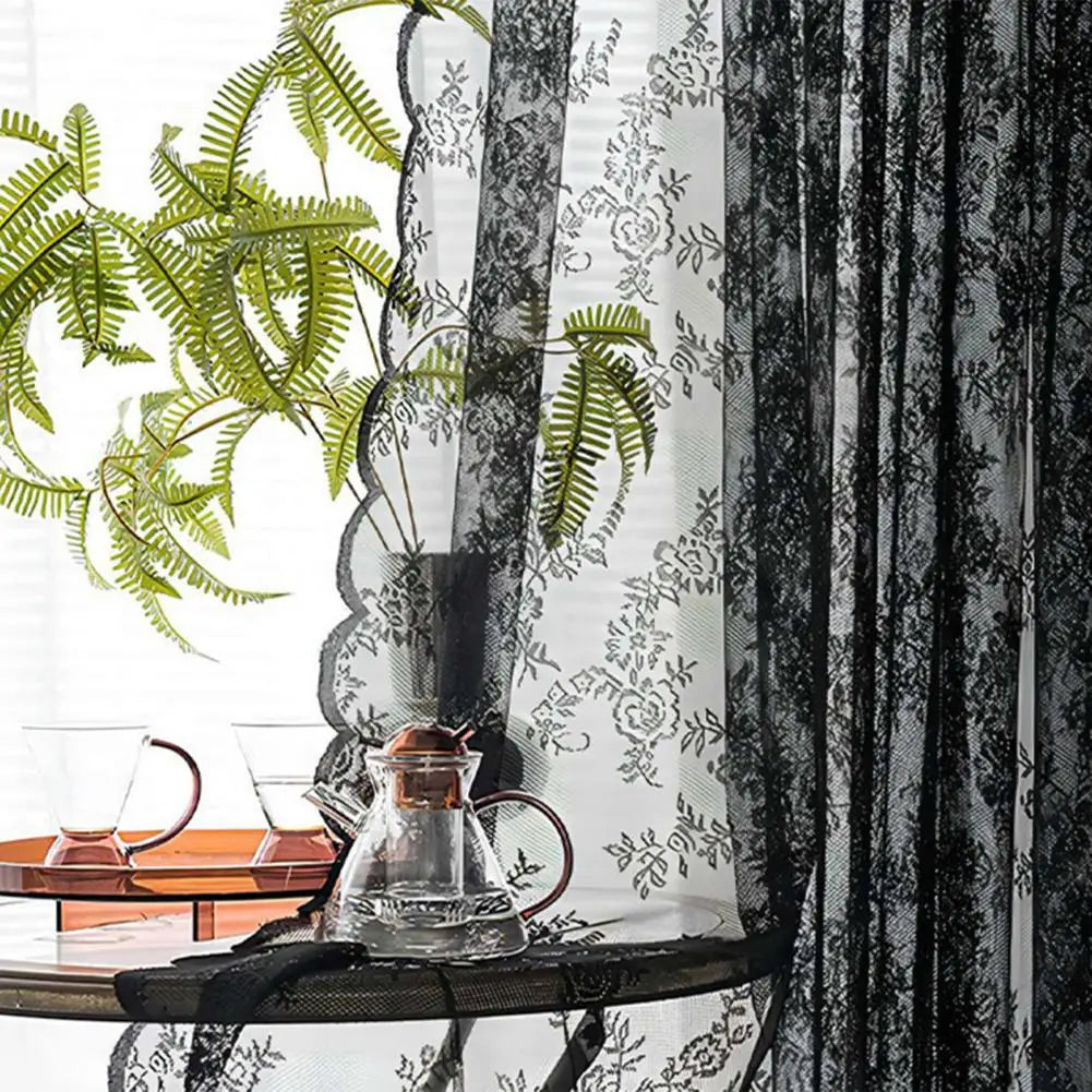Black Floral Lace Sheer Curtain Panel – Rod Pocket Window Drape Sheer Curtain Panel Nixie