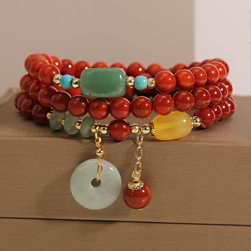 Vintage Jade Peace Buckle & Red Agate Bracelet for Women Gemstone Strand Bracelet Nixie MULTI