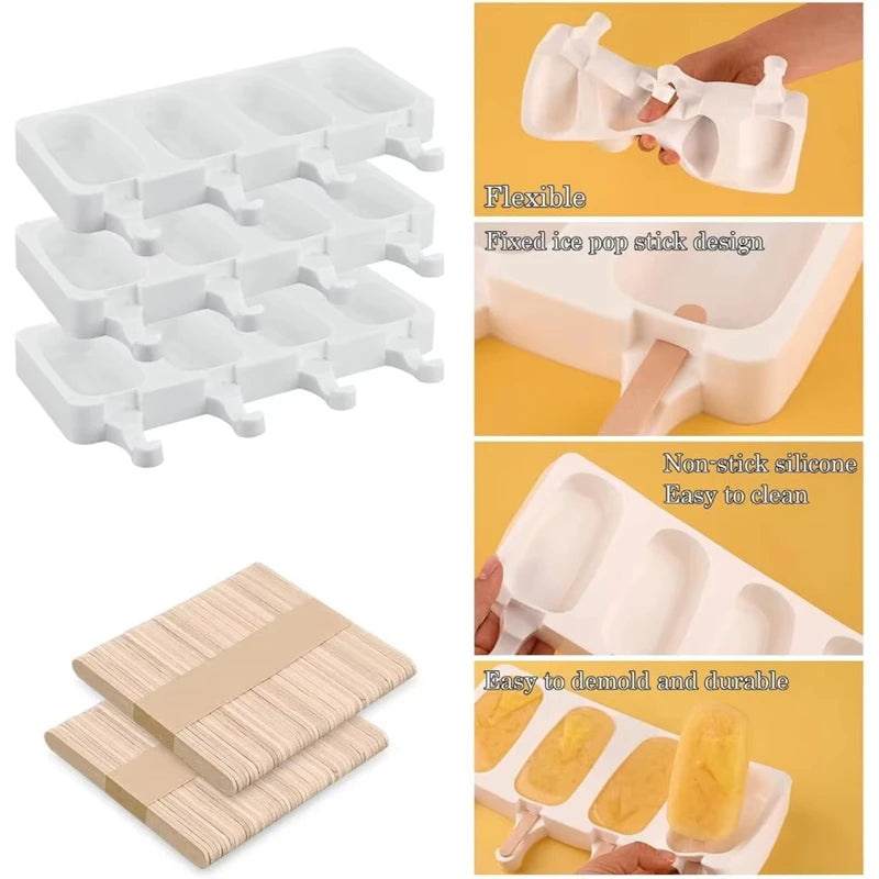 4-Pack Silicone Popsicle Molds with Wooden Sticks | Ice Cream Bar Popsicle Mold Set Nixie