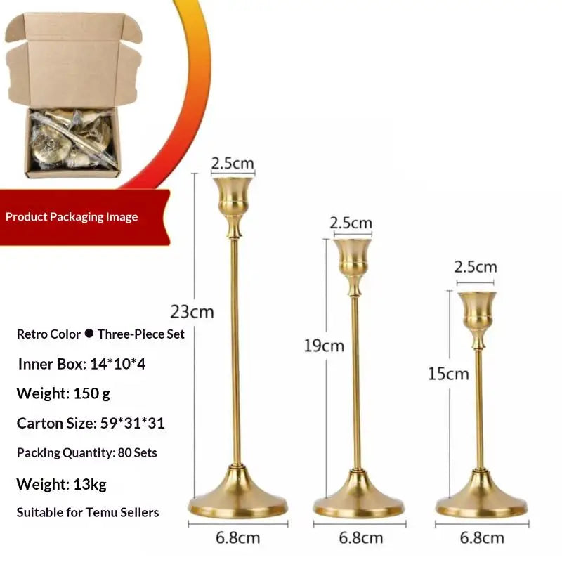 3PCS Metal Taper Candle Holders Set – Antique Gold Candlesticks
