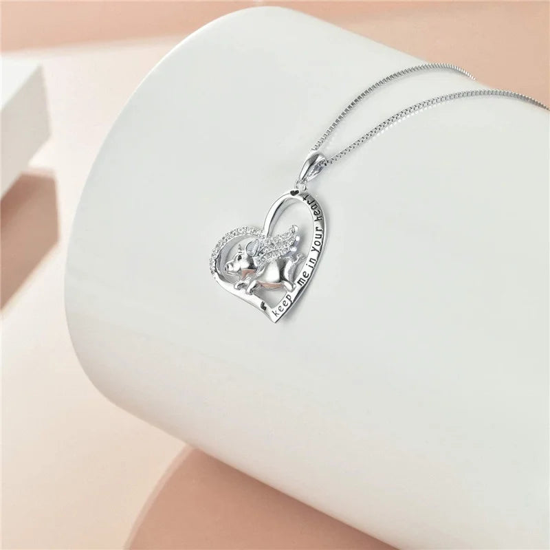 Silver Pig Heart Engraved Pendant Necklace | Cute Fashion Jewelry Pendant Necklace Nixie