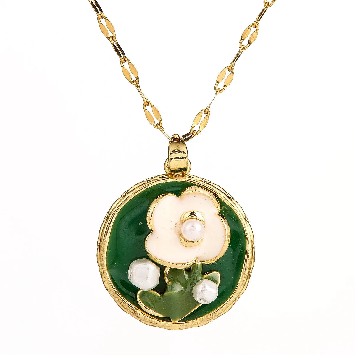 French Monet Garden Green Flower Necklace | Pearl & Gold Floral Pendant Necklace Nixie