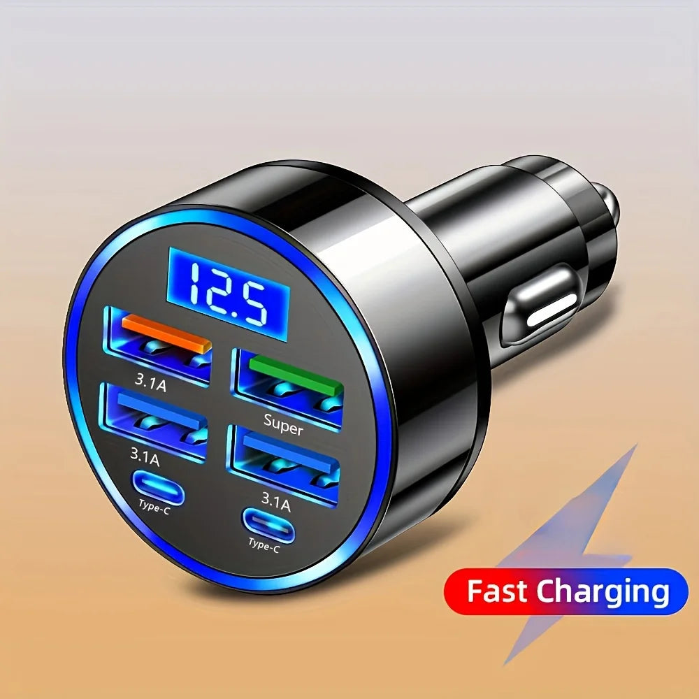 6-in-1 Fast Charging Car Adapter 3.1A Dual USB-C Digital Display Car Charger Adapter Nixie