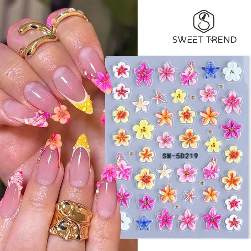 5D Embossed Nail Stickers – Tropical Floral & Starfish Decals Nail Art Stickers Nixie