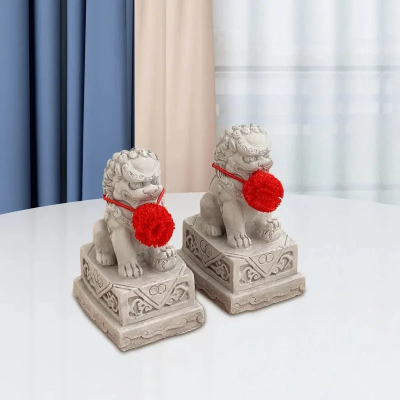 2x Foo Dog Lion Statues | Chinese Feng Shui Cement Figurines Feng Shui Figurines Nixie