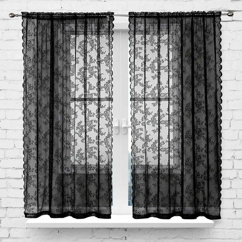 Black Floral Lace Sheer Curtain Panel – Rod Pocket Window Drape Sheer Curtain Panel Nixie