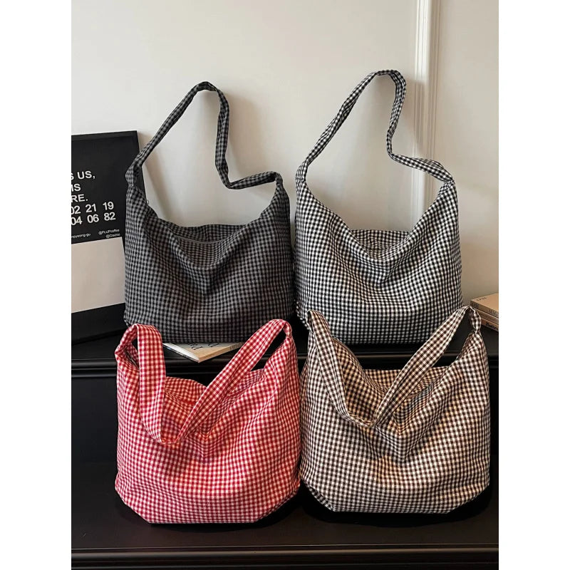Korean Retro Plaid Canvas Tote Bag – Large Shoulder & Crossbody Canvas Tote Bag Nixie