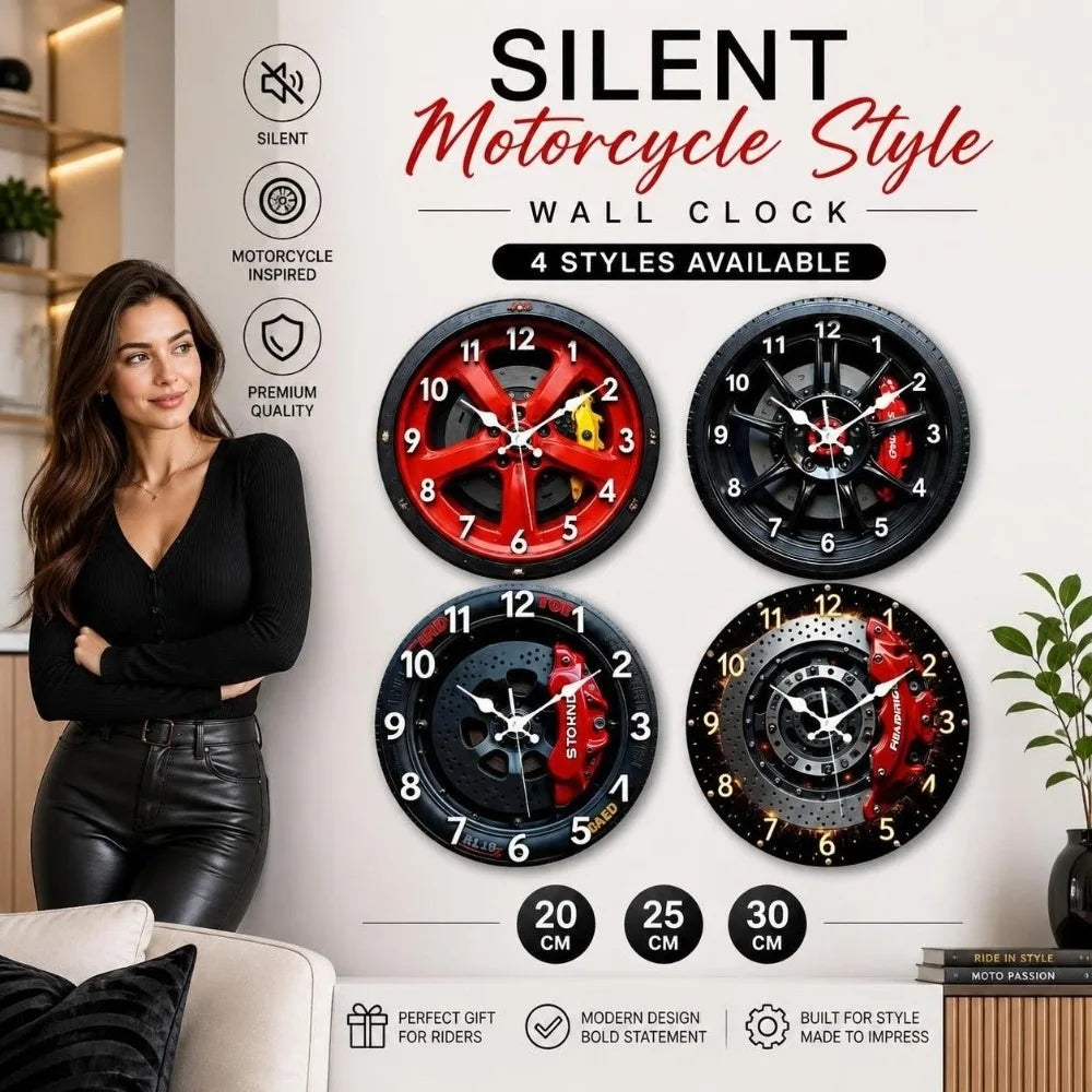 Silent Motorcycle Wheel Hub Wall Clock | 20/25/30cm Quartz