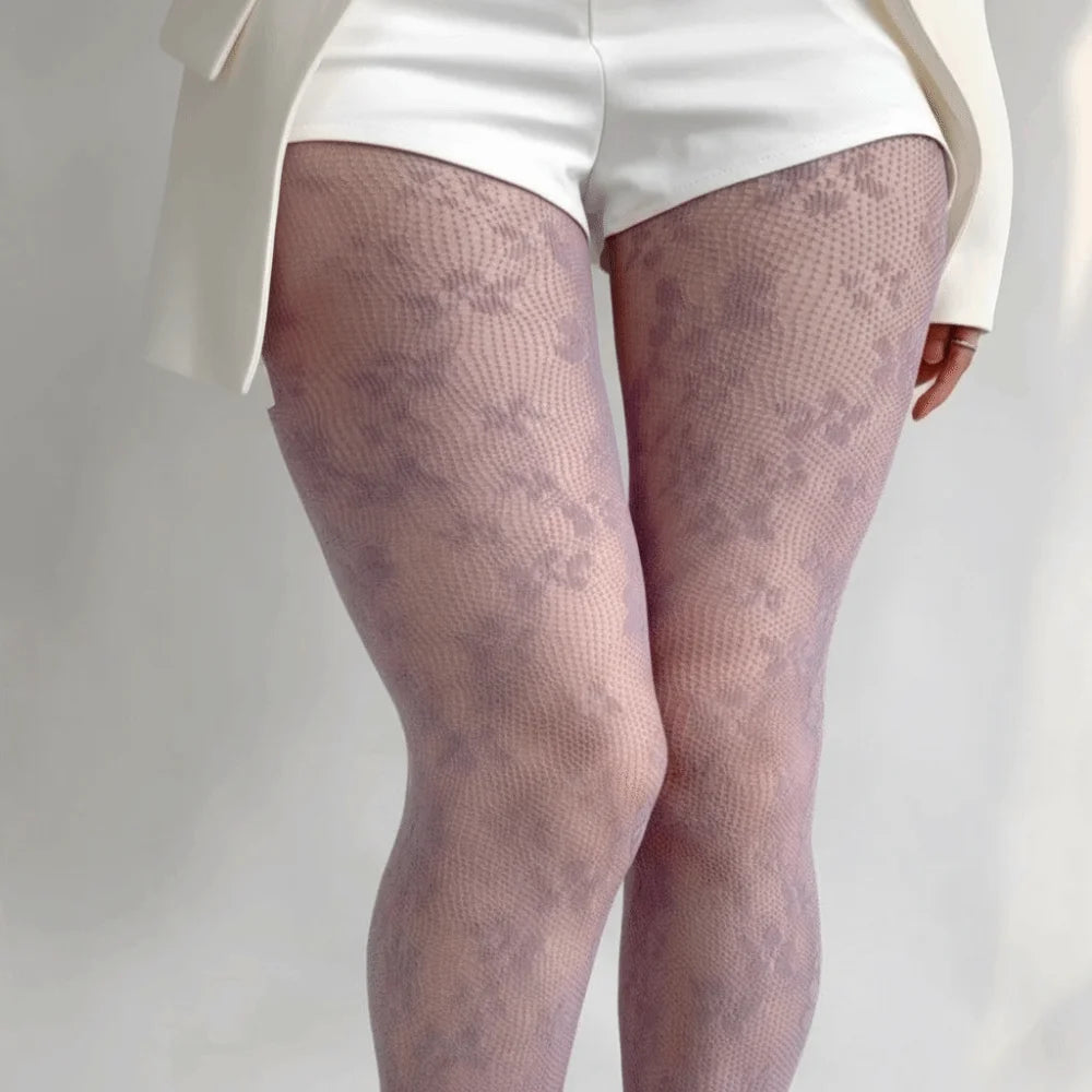 Plus Size Fishnet Pantyhose Floral Jacquard Stockings for Women Fishnet Pantyhose Nixie Style1-Lavender One Size